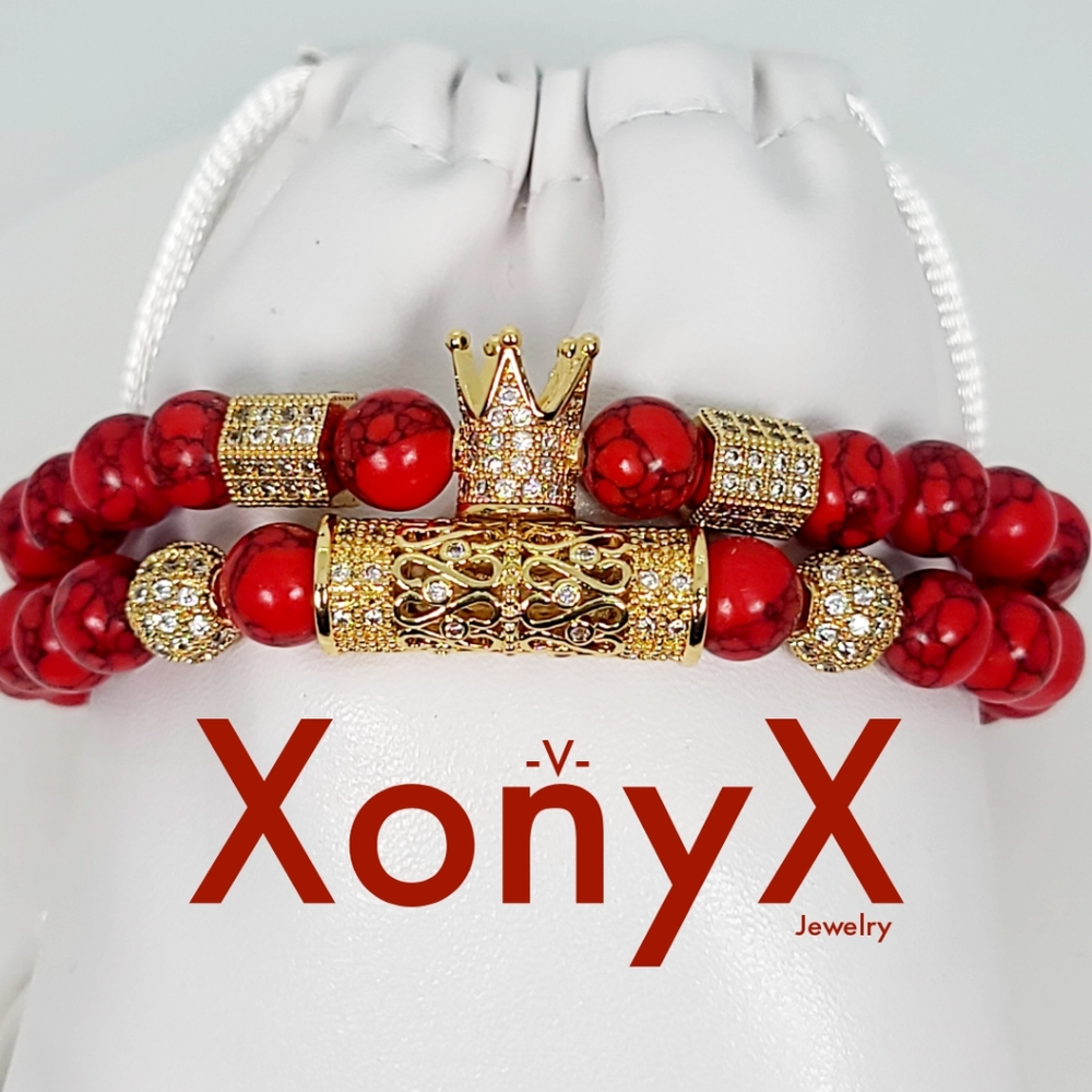 XonyX-V-Jewelry 18K Men Red Gold Crown Charm Bracelet